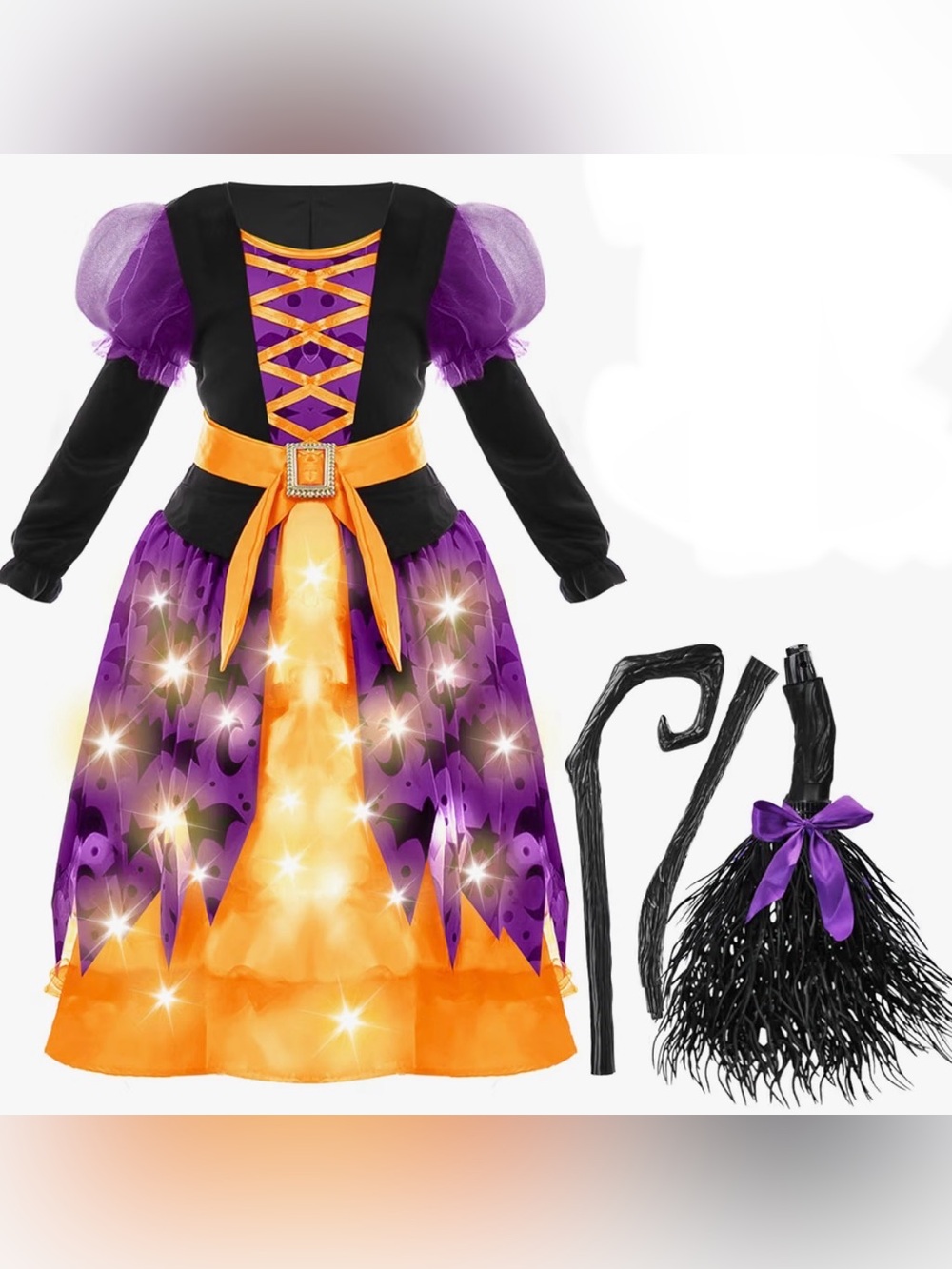 Kids Purple & Orange Witch Costume with Broom -